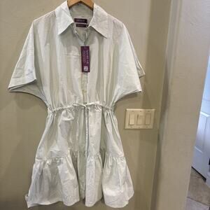 Adore Me Light Grey & White Striped Midi Shirt Dress.